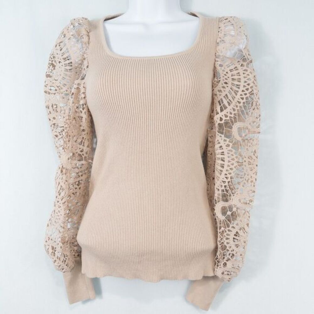Crochet‎ Puff Sleeve Ribbed Knit Top Womens Small Blush Beige Feminine Coquette